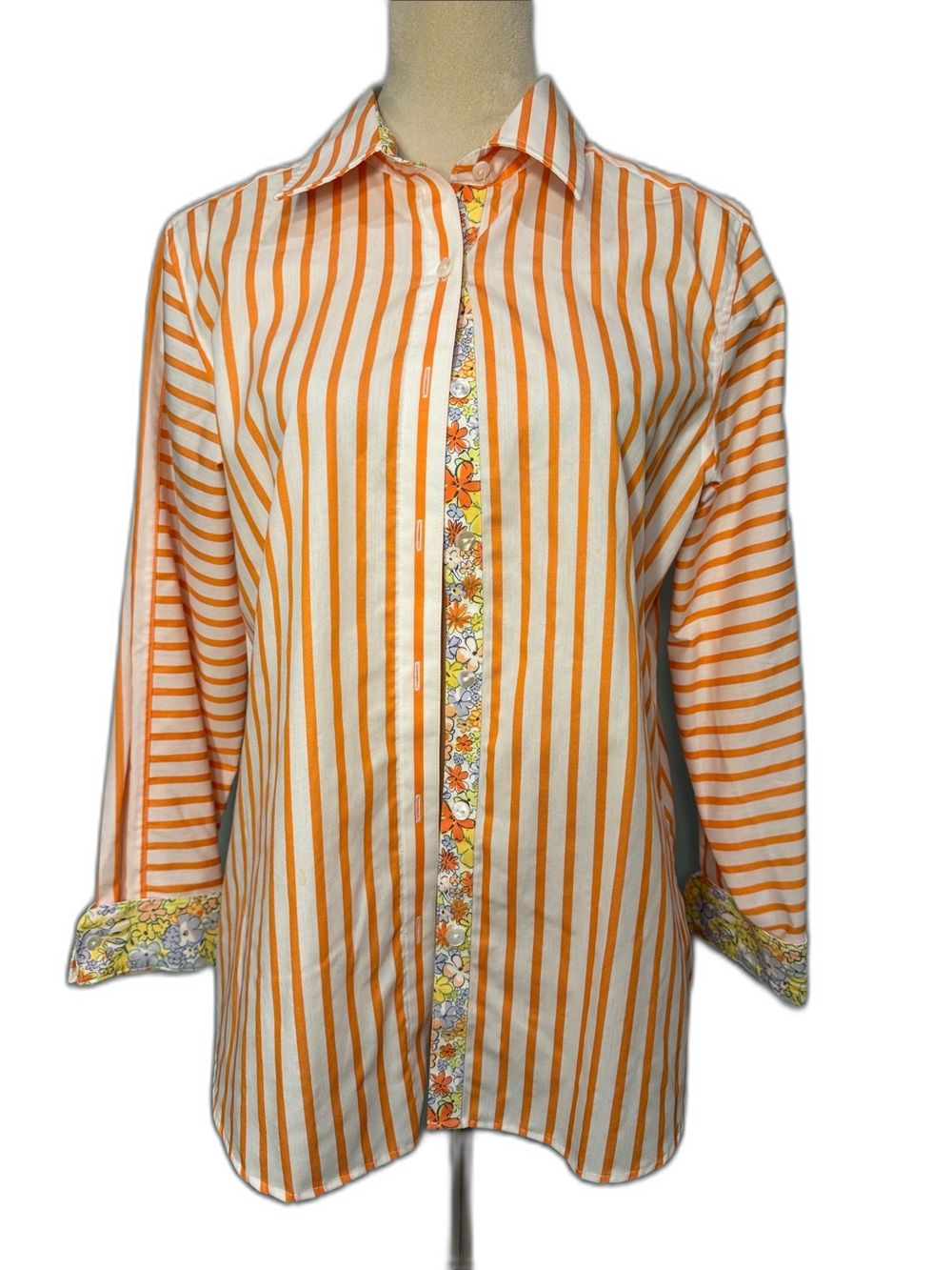 Orvis Orange & White Striped Button-Up Shirt with floral accents Size 8